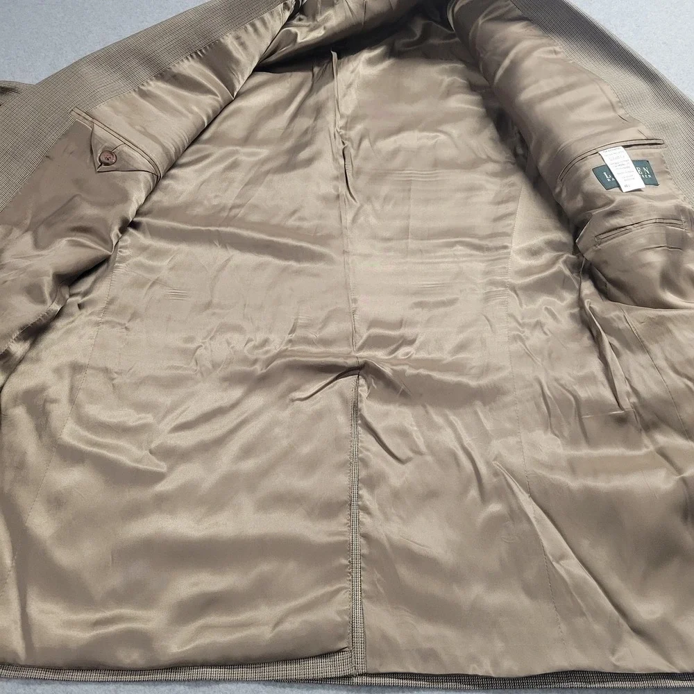 Lauren Ralph Lauren Mens Silk Wool Blend Sport Coat Blazer Tan Brown Houndstooth